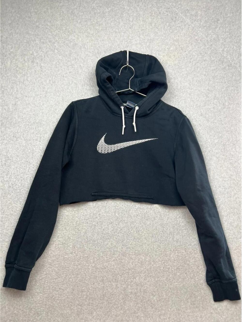 Nike Black Cropped Hoodie White Woven Swoosh Logo Sportswear Aesthetic S